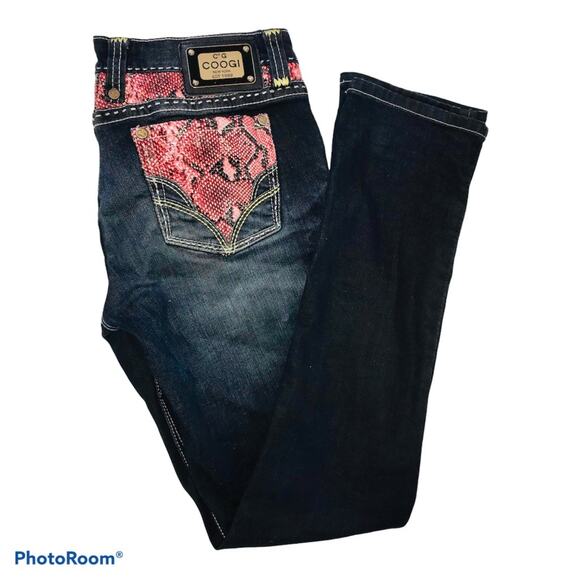 Y2K 1990s COOGI Womens Denim Jeans Pants Red Faux Snake Trim Sz 7/8 - Picture 2 of 4